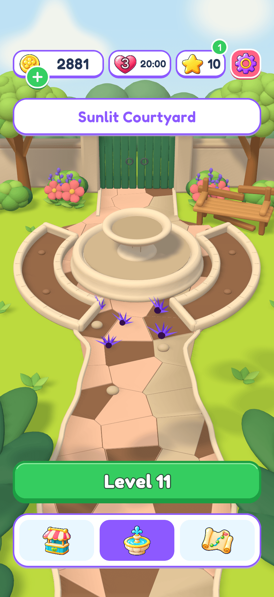 The Sunlit Courtyard home screen in Bloomshot with a fountain, garden, and Level 11 button